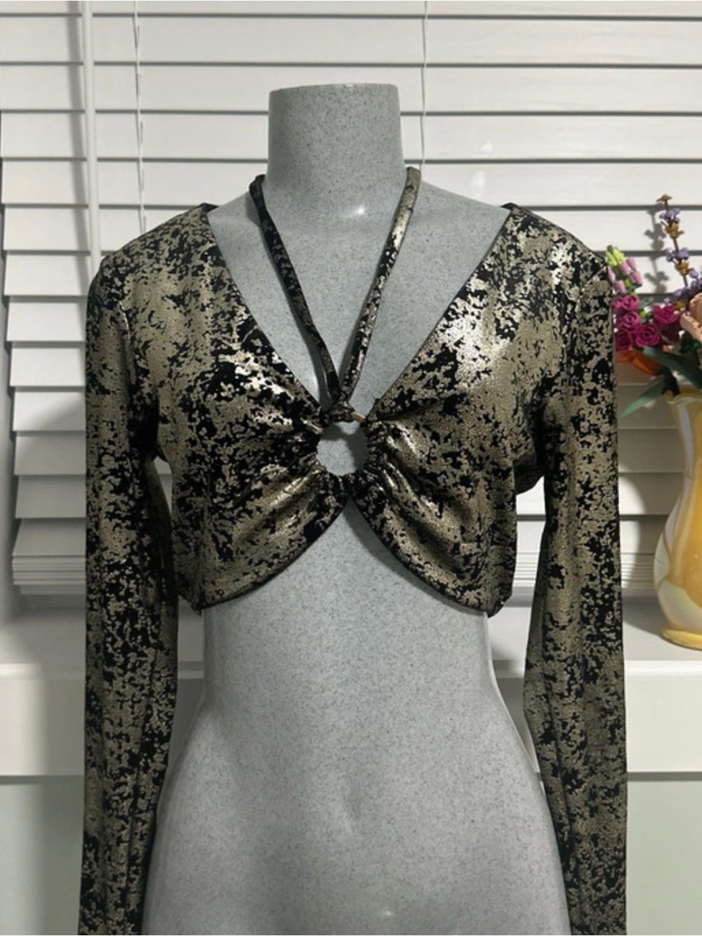 meraki Metallic Silver and Black Tie-Front Crop Top